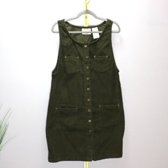 Erika Olive Corduroy Button Front Jumper Dress Pockets Size M - Picture 1 of 4